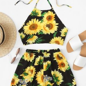 Sunflower Print Halter Top With Shorts